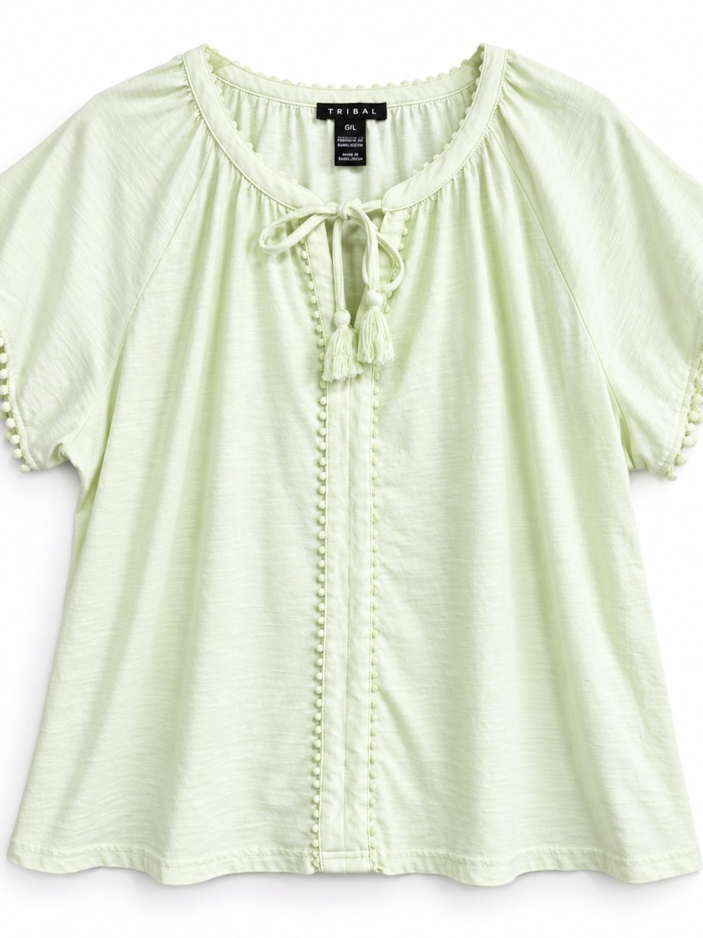 Tribal Women’s G/L Yellow Green Tassel Tie Pom Pom Trim Top